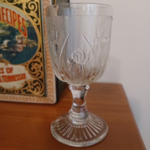 Antique 1920s Jeannette Pressed Clear Glass Iris Flower Tiny Water Wine Goblet - Picture 1 of 3